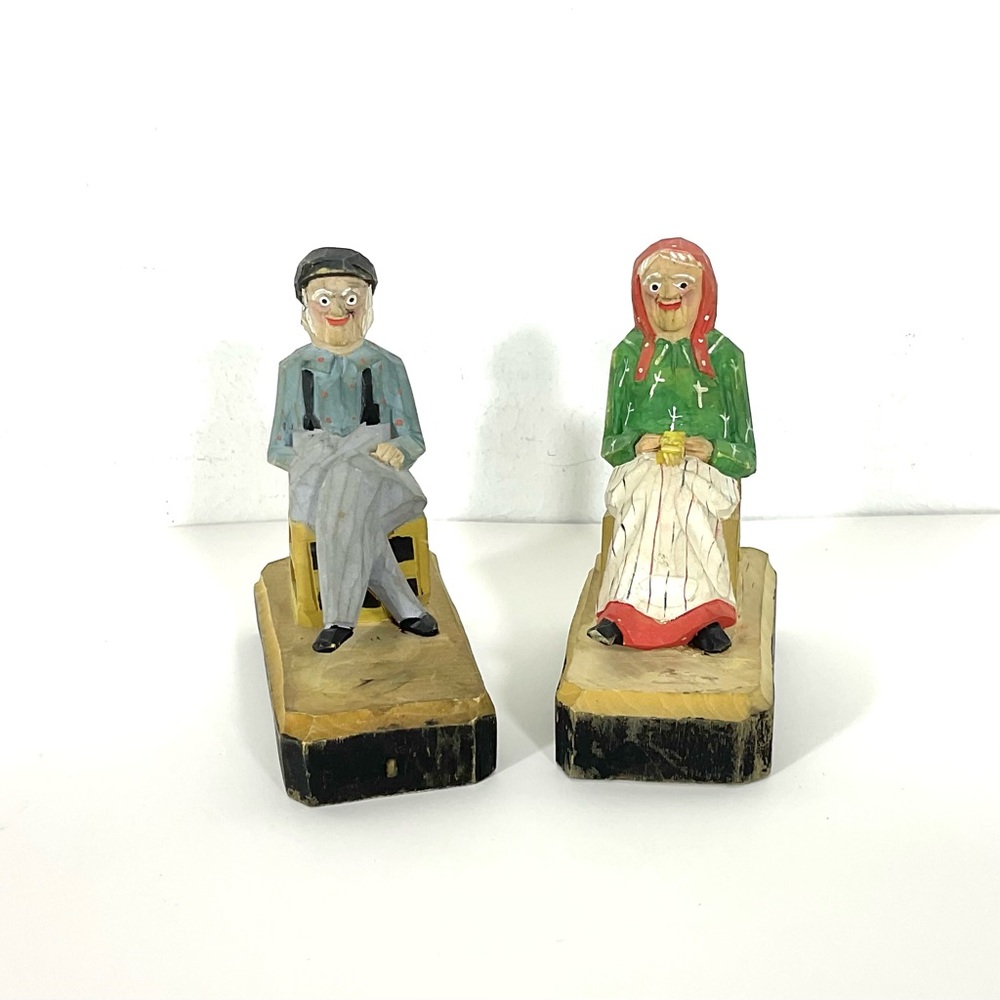 Vintage Carved and Painted French Canadian Folk Art Wood Couple